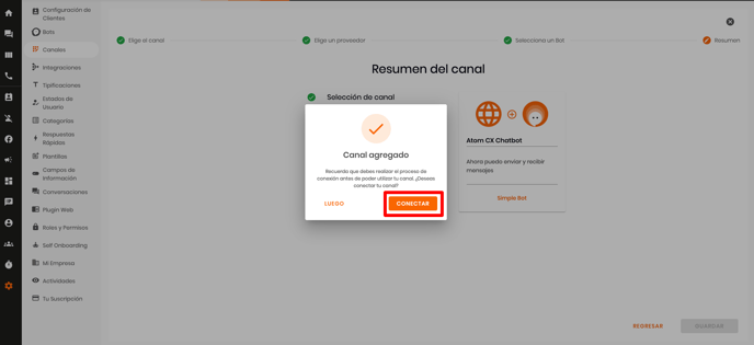 Pantalla de Confirmación de Canal Agregado