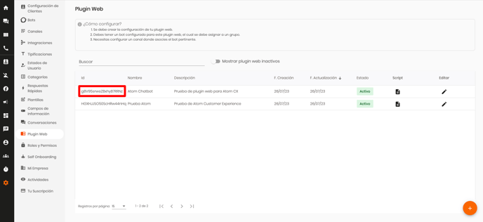 Pantalla de Plugins Web - Copiar ID